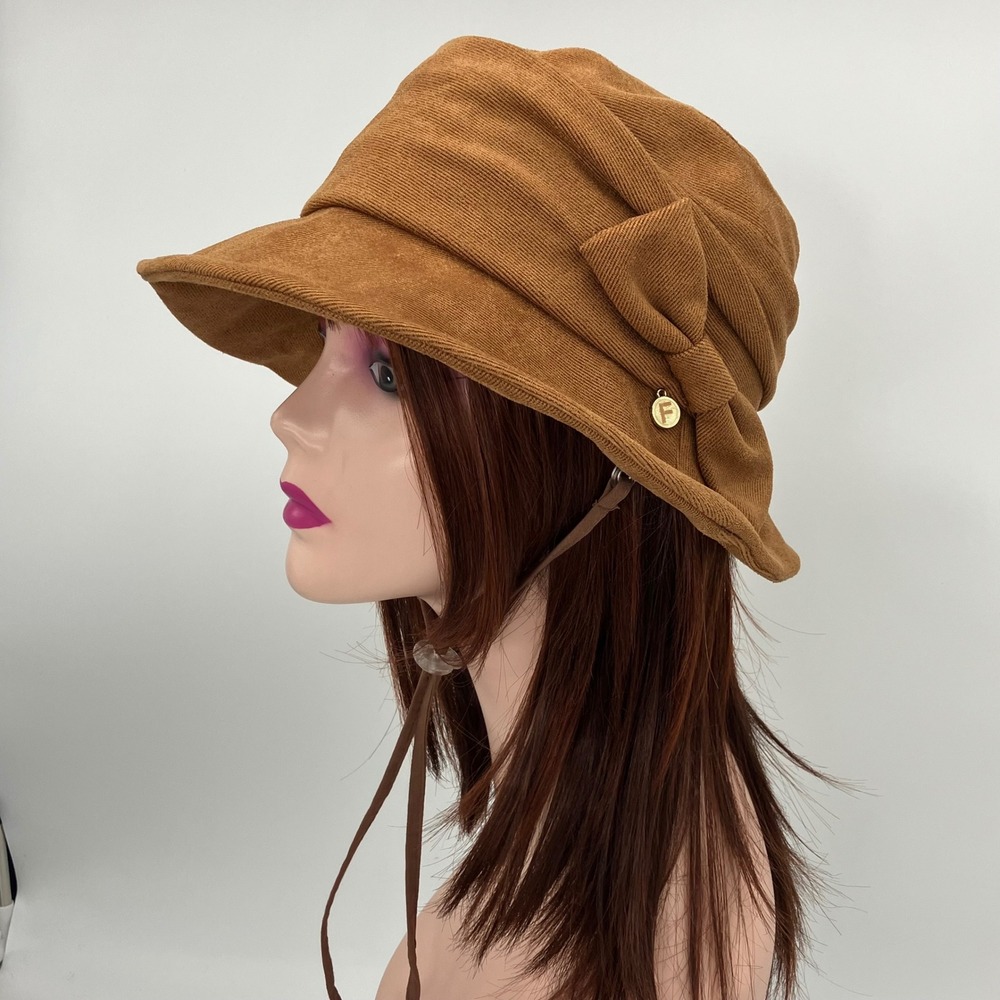 Comhats Cloche Hat Womens M Caramel Corduroy Bow Chin Strap Retro Fall Winter